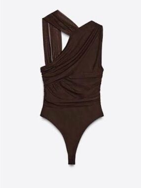 Zara One-Shoulder Ruched Bodysuit in Dark Brown